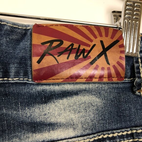 Raw X Mens Jeans 32 Distressed Contrast Double Stitching Stretch Med Dark Wash - Picture 7 of 11